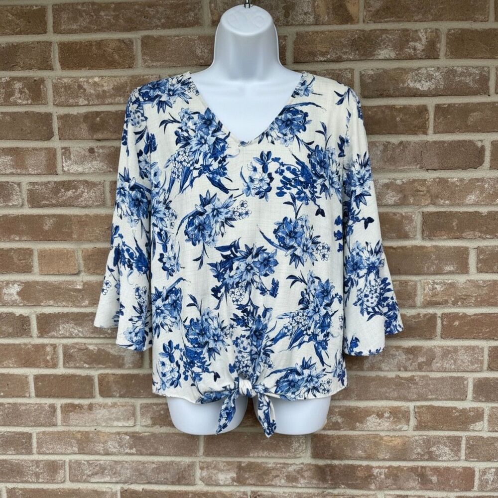 ALYX Blue Floral Tie Front Blouse Top XL Bell Sleeve High Low